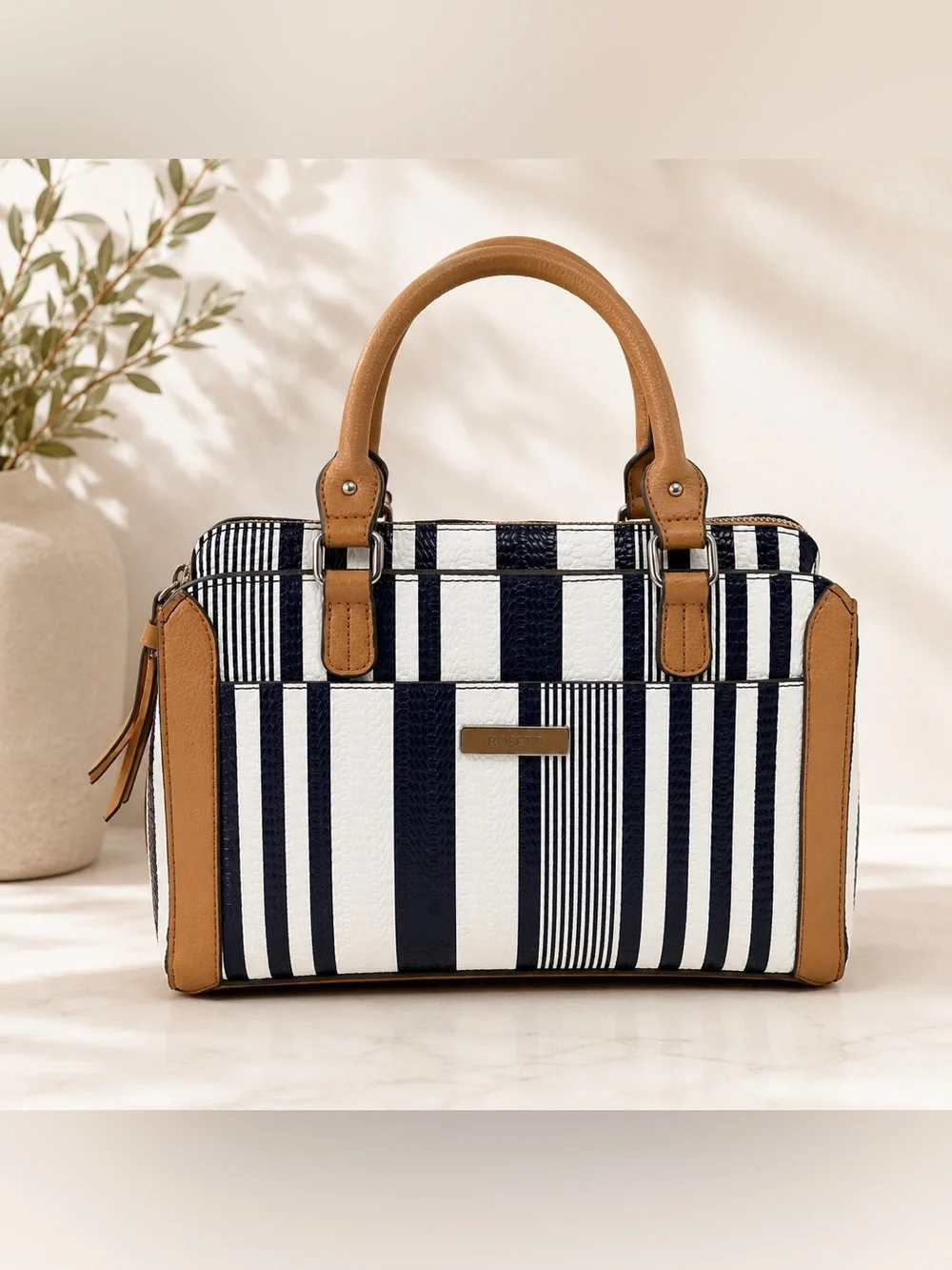 Rosetti Navy, White & Tan Striped Satchel
